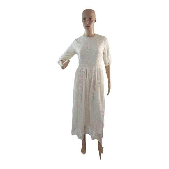 HIDDEN ALLEN Women's Ivory Embroidered Lace Short Sleeve Midi Dress Size Medium - Picture 4 of 15